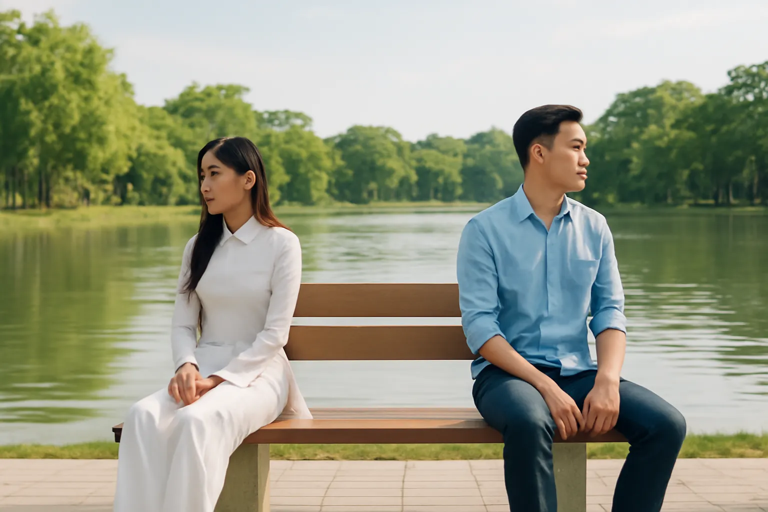 Cặp đôi ngồi hai đầu ghế băng ven sông, quay mặt đi