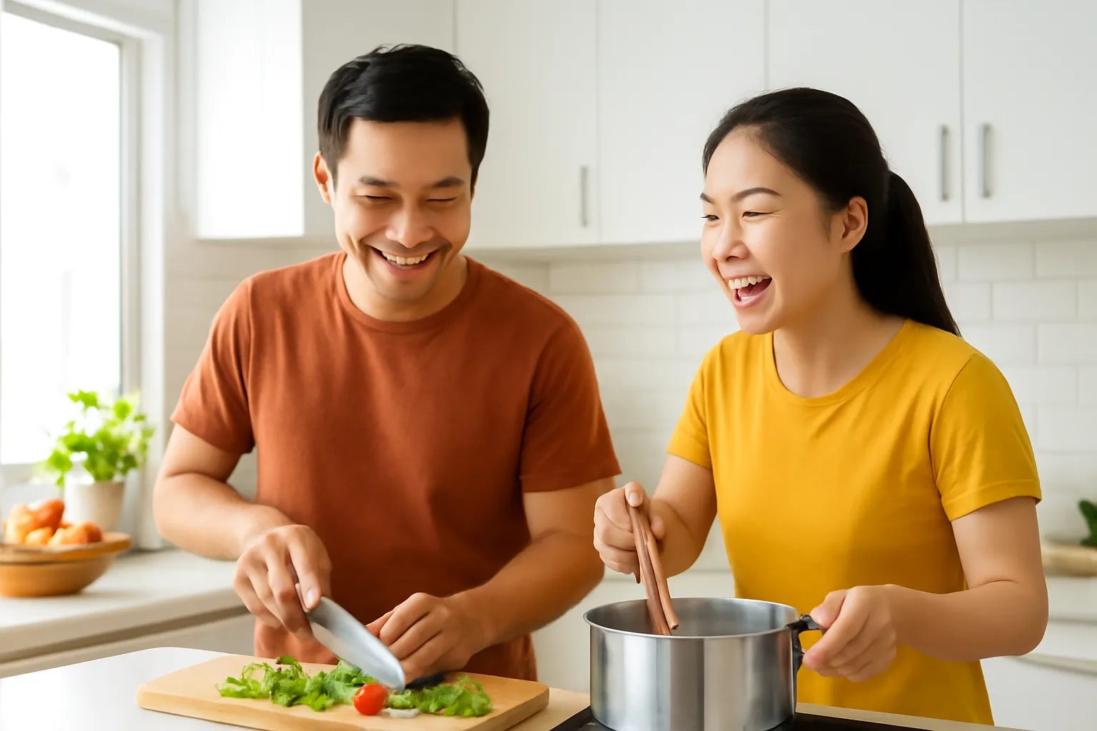 Vợ chồng trẻ cùng nấu ăn trong bếp, vừa làm vừa cười nói