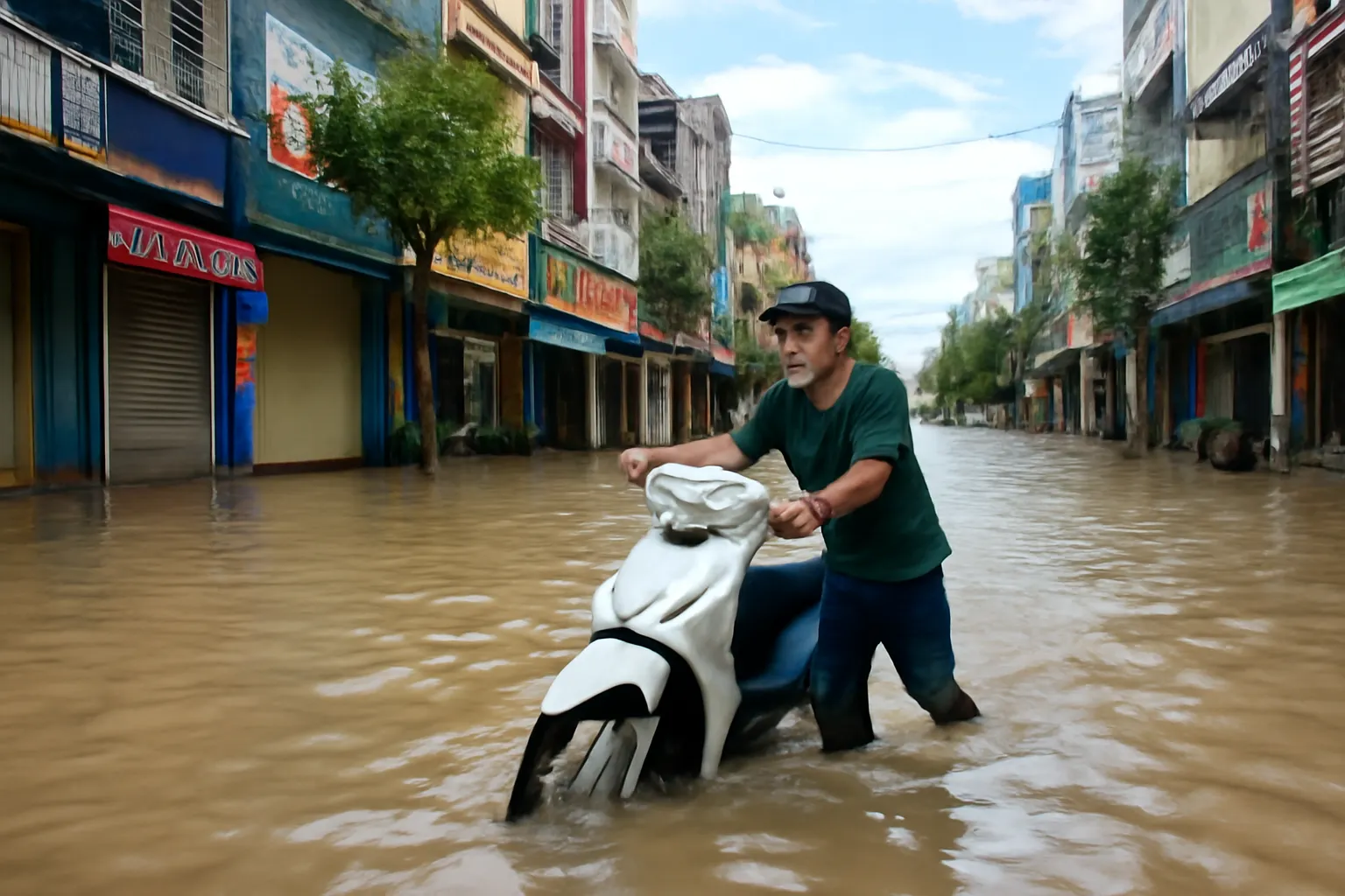 Người đàn ông dắt xe máy qua đoạn đường ngập sau cơn mưa