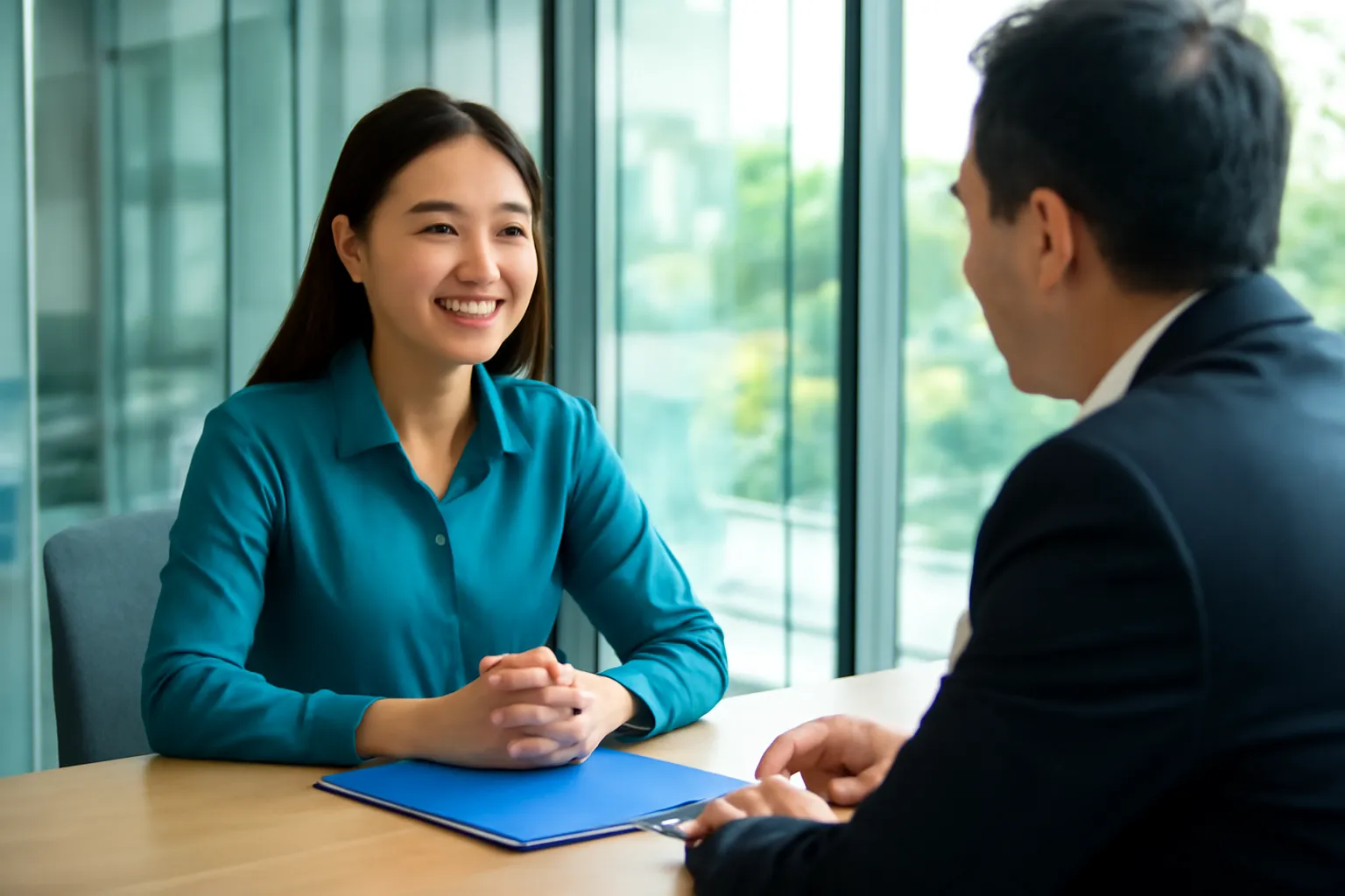 Nữ nhân viên ngồi đối diện quản lý trong phòng họp kính